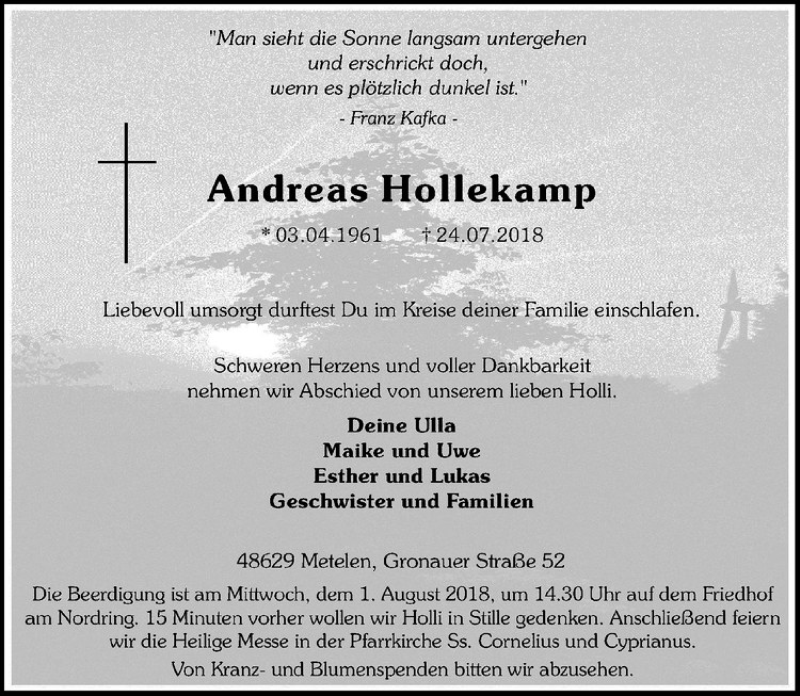  Traueranzeige für Andreas Hollekamp vom 30.07.2018 aus Westfälische Nachrichten