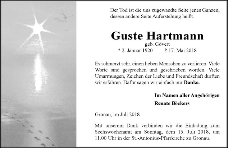  Traueranzeige für Guste Hartmann vom 07.07.2018 aus Westfälische Nachrichten