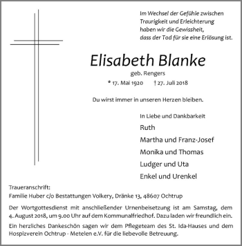 Anzeige von Elisabeth Blanke von Westfälische Nachrichten