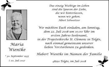 Anzeige von Maria Wientke von Westfälische Nachrichten