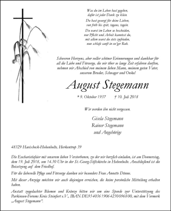 Anzeige von August Stegemann von Westfälische Nachrichten