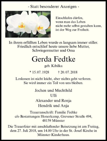 Anzeige von Gerda Fedtke von Westfälische Nachrichten