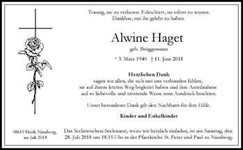 Anzeige von Alwine Haget von Westfälische Nachrichten