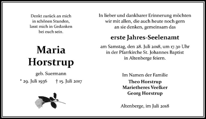  Traueranzeige für Maria Horstrup vom 21.07.2018 aus Westfälische Nachrichten