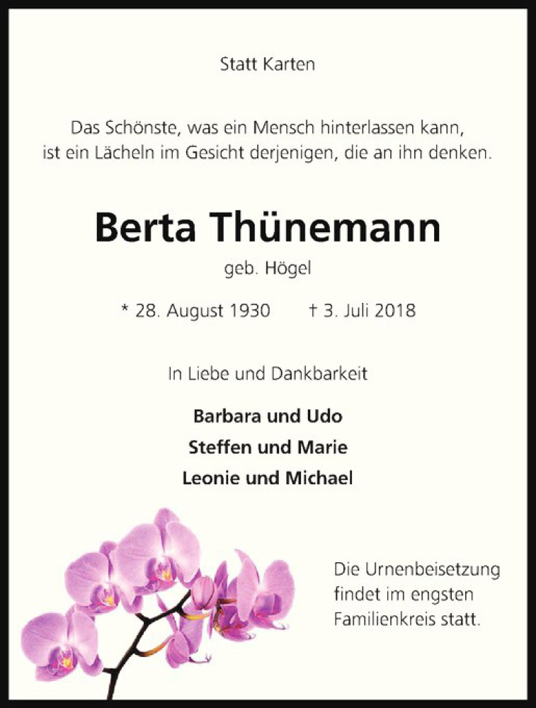  Traueranzeige für Berta Thünemann vom 07.07.2018 aus Westfälische Nachrichten