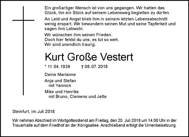  Traueranzeige für Kurt Große Vestert vom 17.07.2018 aus Westfälische Nachrichten