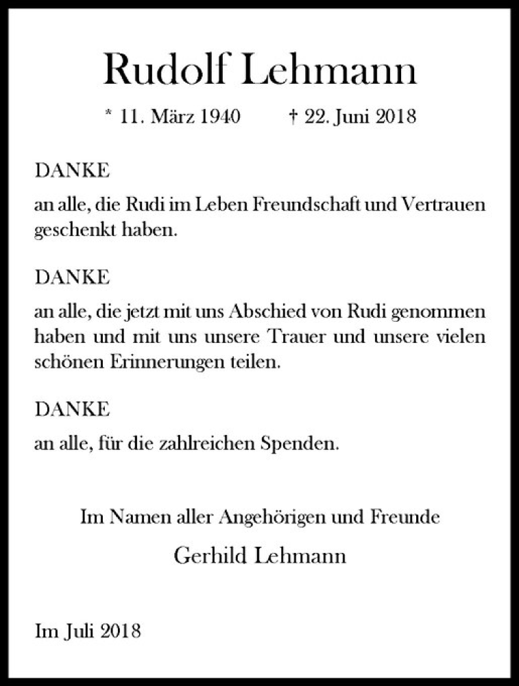  Traueranzeige für Rudolf Lehmann vom 28.07.2018 aus Westfälische Nachrichten
