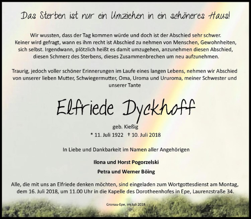  Traueranzeige für Elfriede Dyckhoff vom 14.07.2018 aus Westfälische Nachrichten