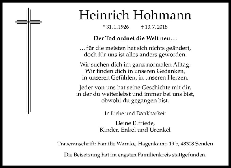  Traueranzeige für Heinrich Hohmann vom 28.07.2018 aus Westfälische Nachrichten