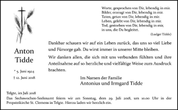 Anzeige von Anton Tidde von Westfälische Nachrichten