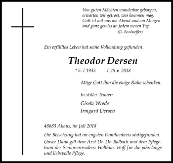 Anzeige von Theodor Dersen von Westfälische Nachrichten