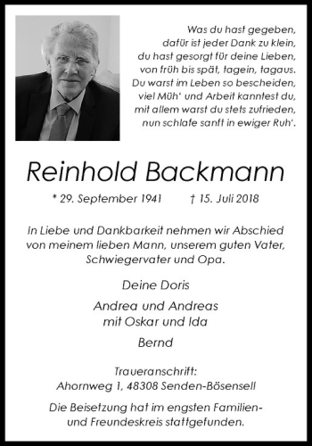 Anzeige von Reinhold Backmann von Westfälische Nachrichten