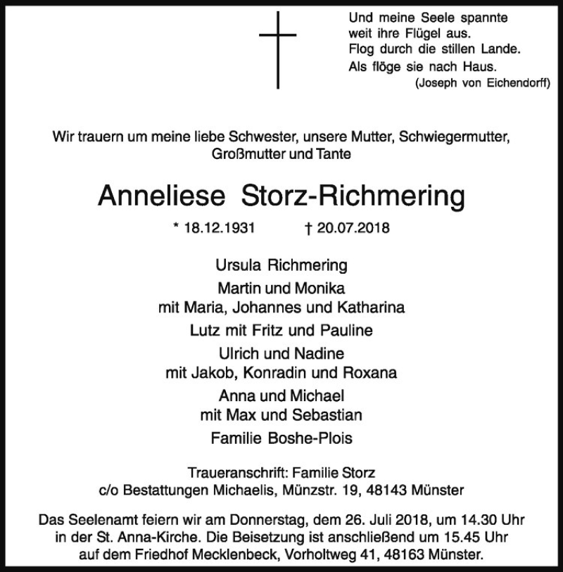  Traueranzeige für Anneliese Storz-Richmering vom 24.07.2018 aus Westfälische Nachrichten