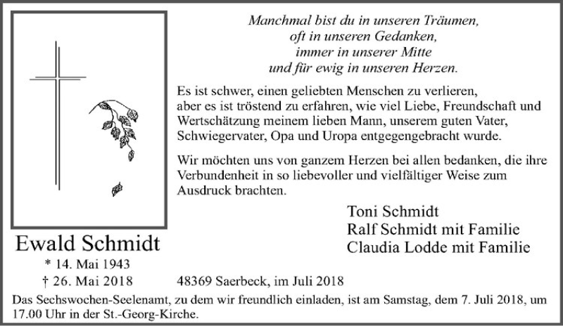 Traueranzeige für Ewald Schmidt vom 05.07.2018 aus Westfälische Nachrichten