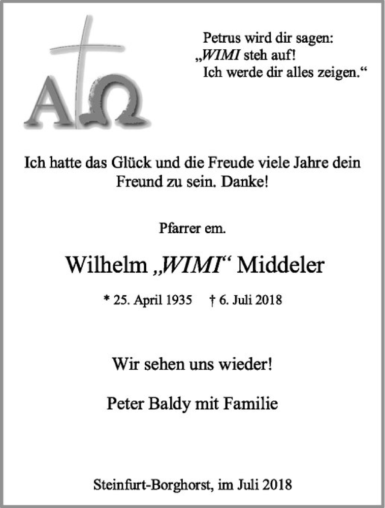  Traueranzeige für Wilhelm Middeler vom 11.07.2018 aus Westfälische Nachrichten