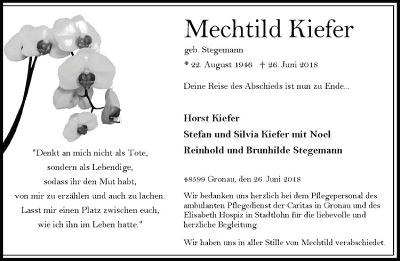  Traueranzeige für Mechthild Kiefer vom 07.07.2018 aus Westfälische Nachrichten