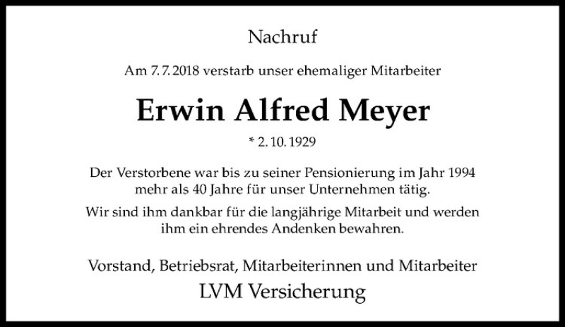  Traueranzeige für Erwin Alfred Meyer vom 18.07.2018 aus Westfälische Nachrichten