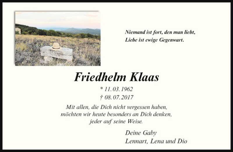  Traueranzeige für Friedhelm Klaas vom 07.07.2018 aus Westfälische Nachrichten