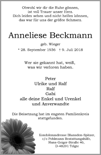 Anzeige von Anneliese Beckmann von Westfälische Nachrichten