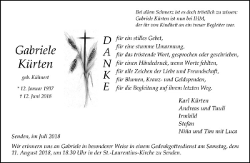 Anzeige von Gabriele Kürten von Westfälische Nachrichten