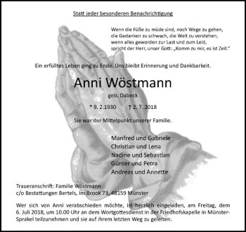 Anzeige von Anni Wöstmann von Westfälische Nachrichten