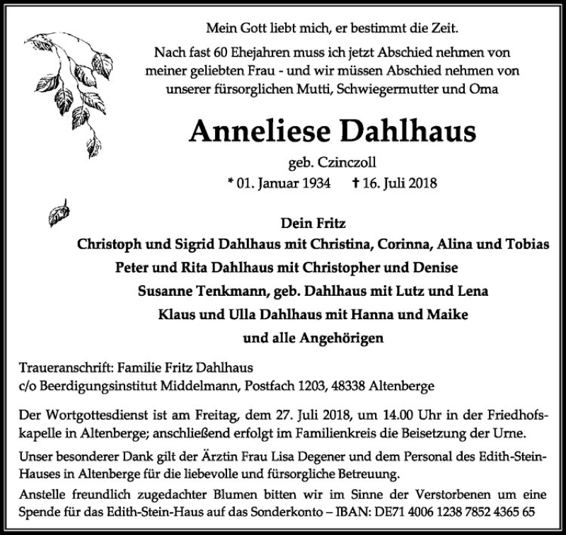  Traueranzeige für Anneliese Dahlhaus vom 21.07.2018 aus Westfälische Nachrichten