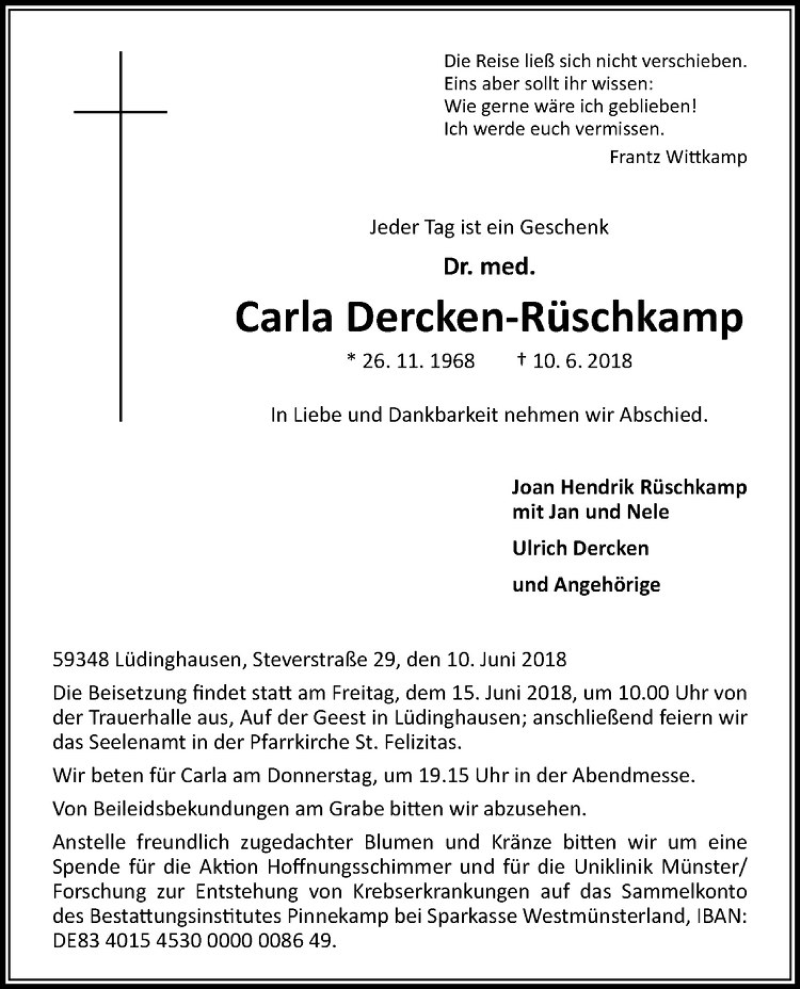  Traueranzeige für Carla Dercken-Rüschkamp vom 13.06.2018 aus Westfälische Nachrichten