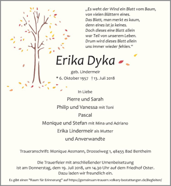 Anzeige von Erika Dyka von Westfälische Nachrichten