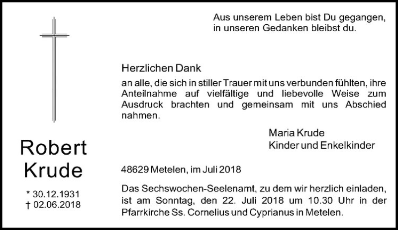  Traueranzeige für Robert Krude vom 19.07.2018 aus Westfälische Nachrichten