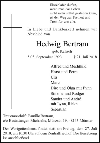 Anzeige von Hedwig Bertram von Westfälische Nachrichten