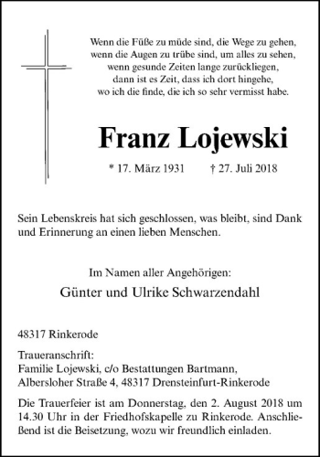 Anzeige von Franz Lojewski von Westfälische Nachrichten