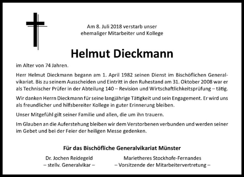  Traueranzeige für Helmut Dieckmann vom 21.07.2018 aus Westfälische Nachrichten