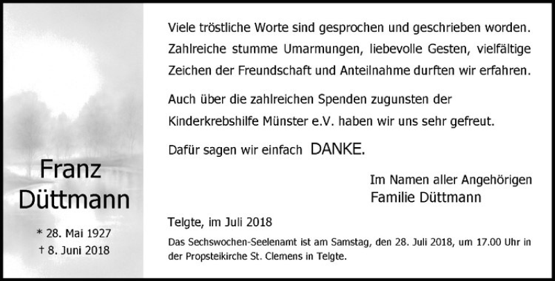  Traueranzeige für Franz Düttmann vom 25.07.2018 aus Westfälische Nachrichten