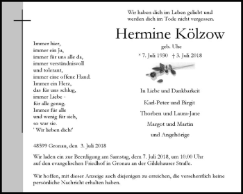 Anzeige von Hermine Kölzow von Westfälische Nachrichten