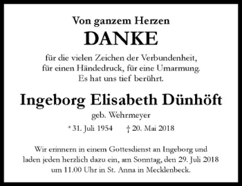 Anzeige von Ingeborg Elisabeth von Westfälische Nachrichten