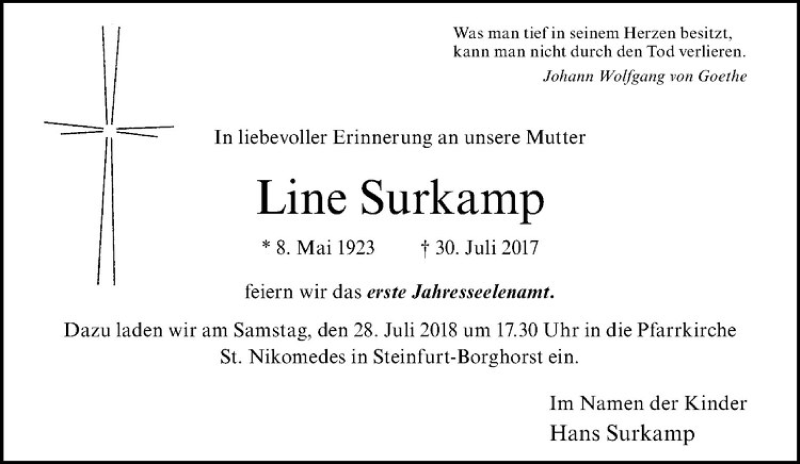  Traueranzeige für Line Surkamp vom 21.07.2018 aus Westfälische Nachrichten