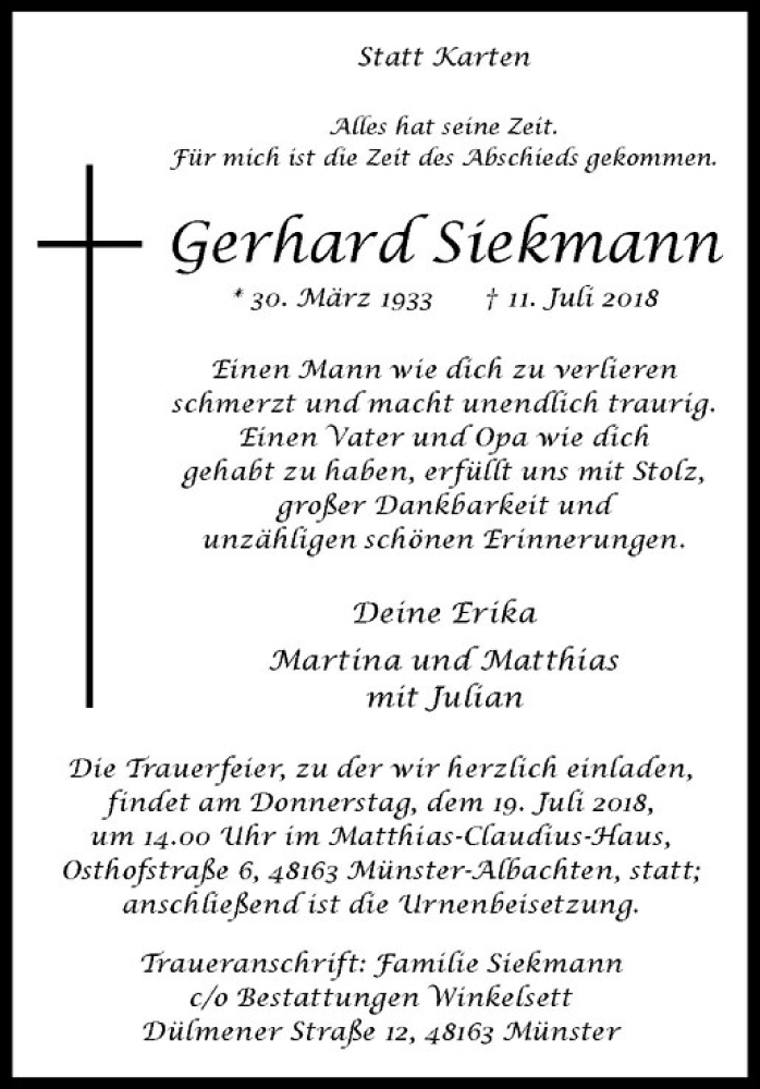  Traueranzeige für Gerhard Siekmann vom 14.07.2018 aus Westfälische Nachrichten