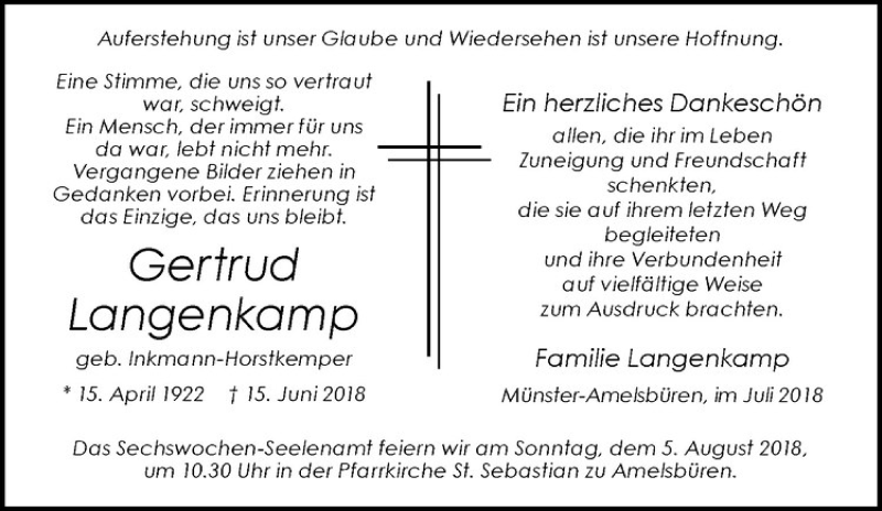  Traueranzeige für Gertrud Langenkamp vom 28.07.2018 aus Westfälische Nachrichten