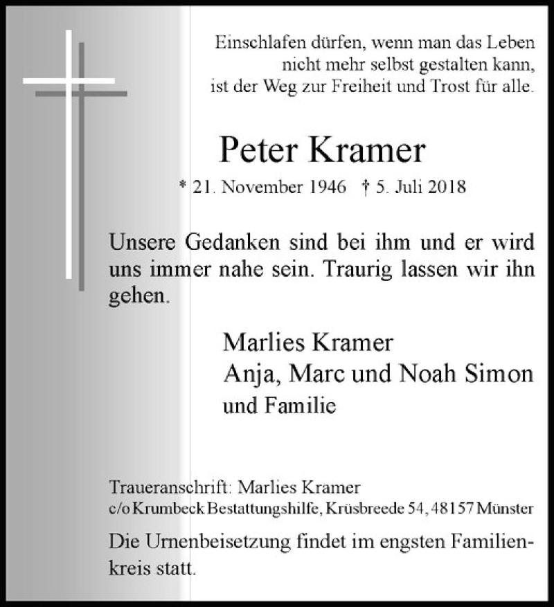  Traueranzeige für Peter Kramer vom 14.07.2018 aus Westfälische Nachrichten
