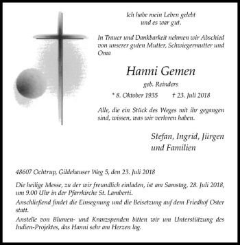 Anzeige von Hanni Gemen von Westfälische Nachrichten