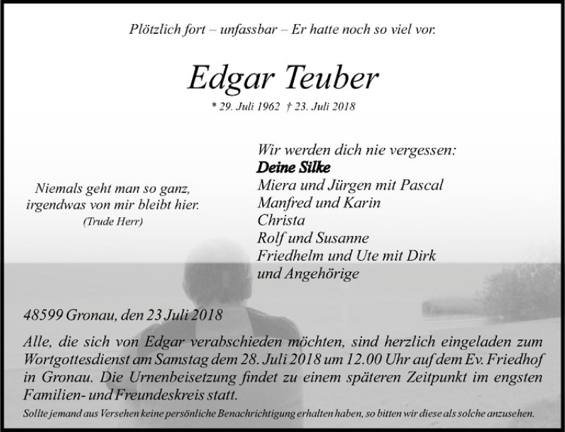  Traueranzeige für Edgar Teuber vom 26.07.2018 aus Westfälische Nachrichten