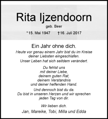 Anzeige von Rita Ijzendoorn von Westfälische Nachrichten