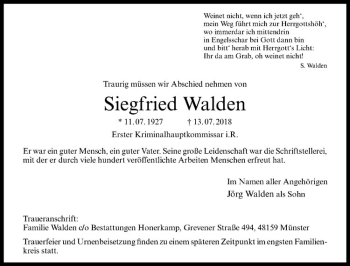 Anzeige von Siegfried Walden von Westfälische Nachrichten