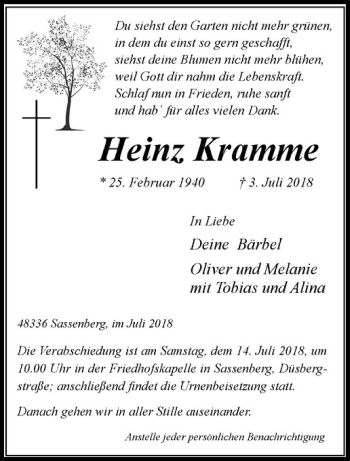 Anzeige von Heinz Kramme von Westfälische Nachrichten