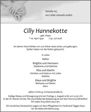 Anzeige von Heinz Hannekotte von Westfälische Nachrichten