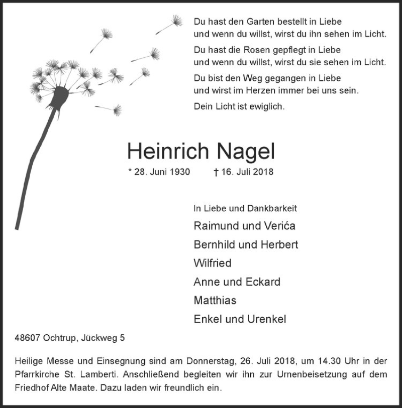  Traueranzeige für Heinrich Nagel vom 19.07.2018 aus Westfälische Nachrichten