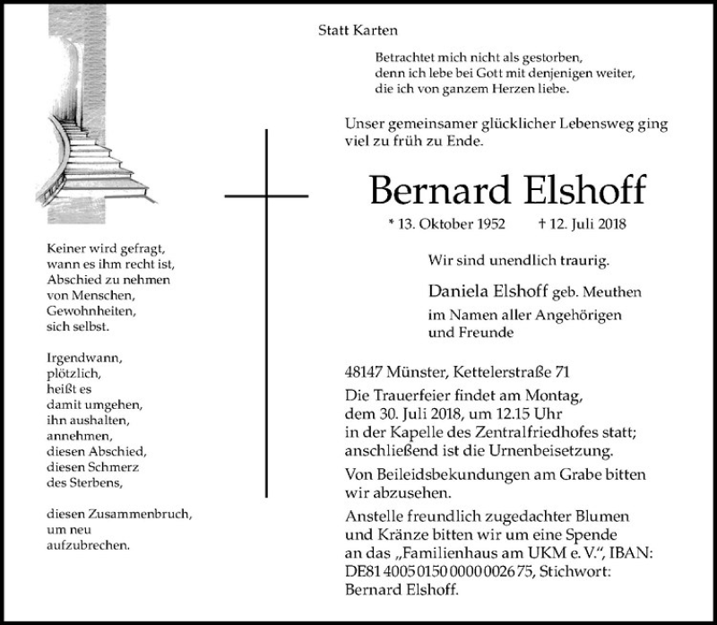  Traueranzeige für Bernard Elshoff vom 25.07.2018 aus Westfälische Nachrichten