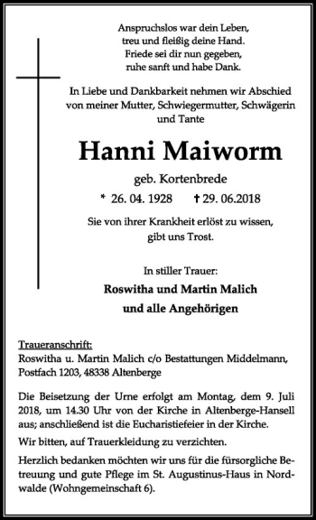 Anzeige von Hanni Maiworm von Westfälische Nachrichten