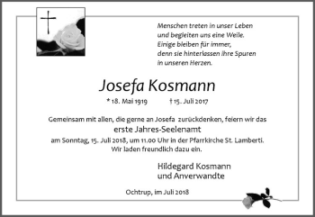 Anzeige von Josefa Kosmann von Westfälische Nachrichten