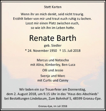 Anzeige von Renate Barth von Westfälische Nachrichten